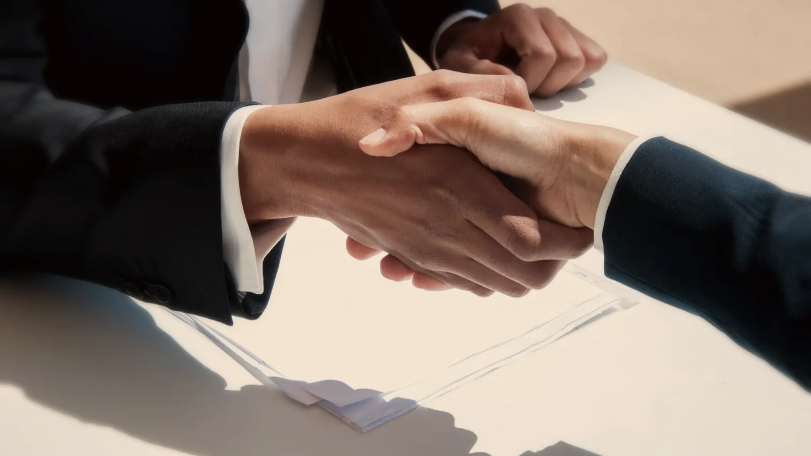 Apretón de manos entre ejecutivos cerrando un acuerdo de reclutamiento directivo